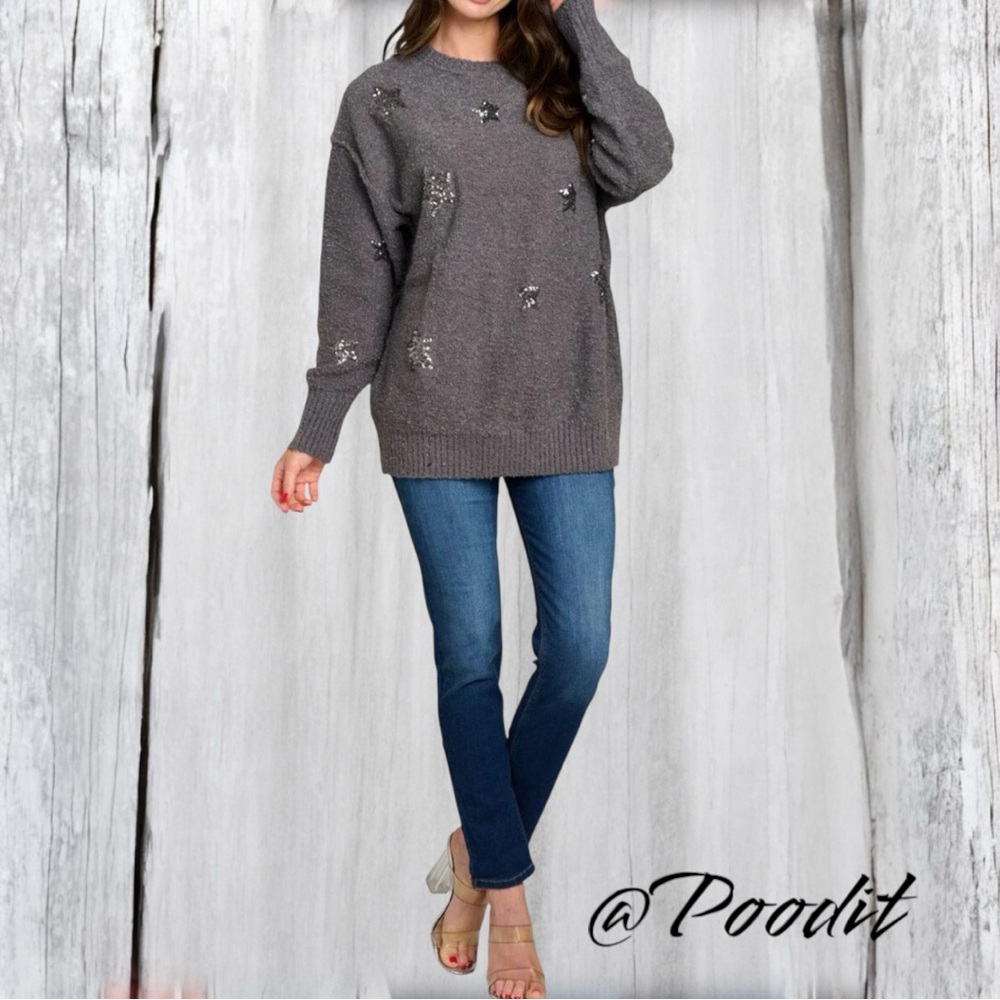 PEACH LOVE CALIFORNIA ever so soft sequin star charcoal sweater sz S M L - Picture 4 of 9